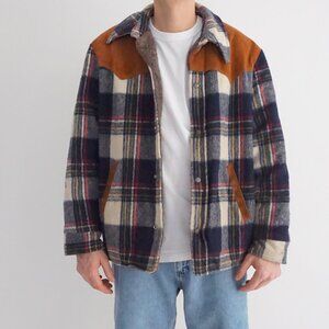 Vintage C&L Sportswear Navy Cream Plaid Suede Yoke Western Lined Jacket Sherpa L